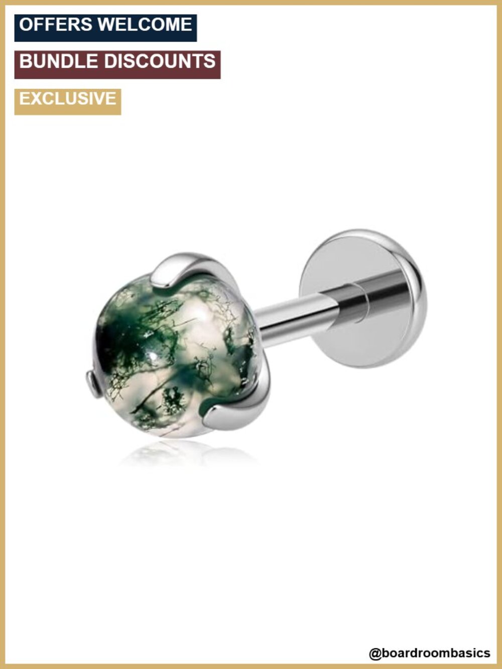Titanium Flat Back Stud Earring 16G 18G Moss Agate